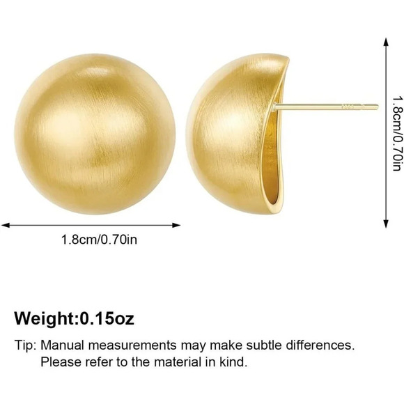 Women  Stud Earrings Half-ball Mattle Gold Sliver Studs 14K Brushed Button - Picture 4 of 7